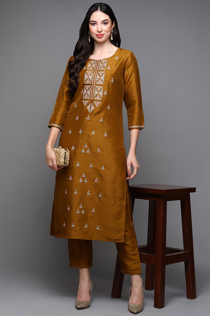 Mustard Silk Blend Floral Straight Kurta Set VKSET1445