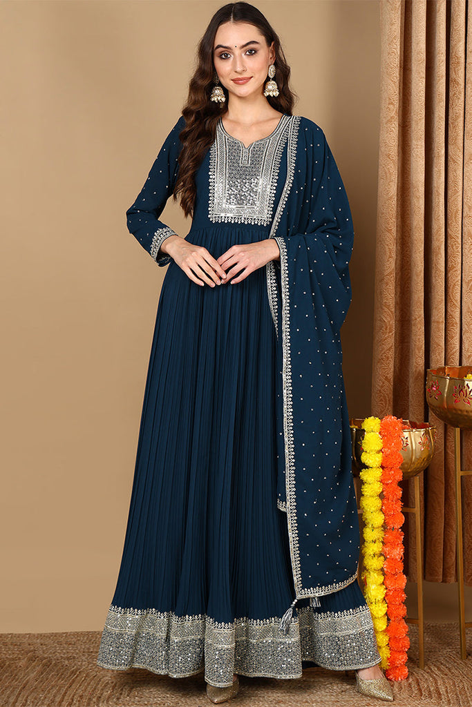 Teal Blue Georgette Solid Yoke Design Anarkali Kurta Dupatta Set VKSET1473