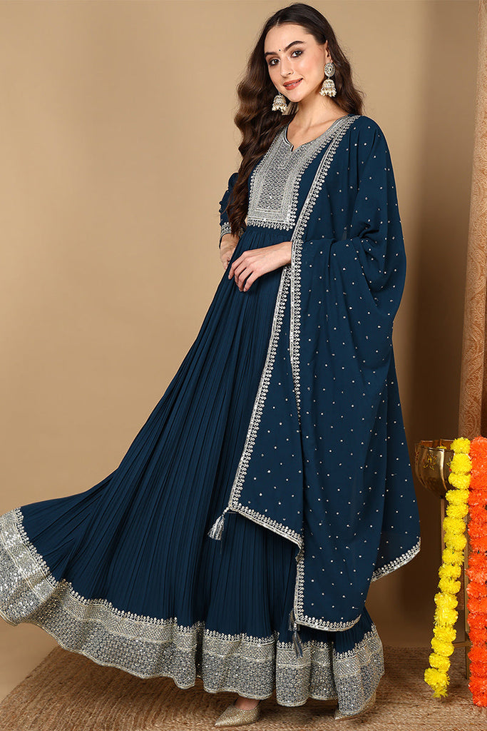 Teal Blue Georgette Solid Yoke Design Anarkali Kurta Dupatta Set VKSET1473