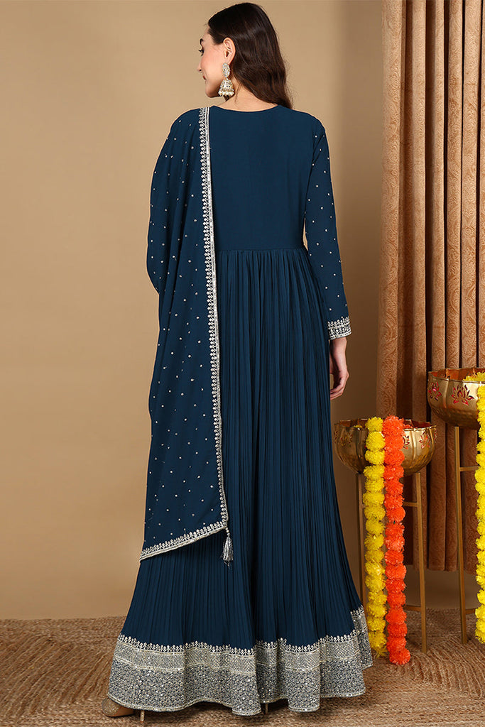 Teal Blue Georgette Solid Yoke Design Anarkali Kurta Dupatta Set VKSET1473