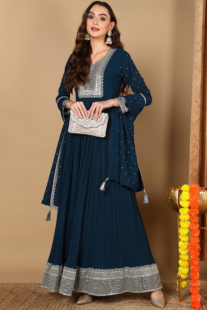 Teal Blue Georgette Solid Yoke Design Anarkali Kurta Dupatta Set VKSET1473