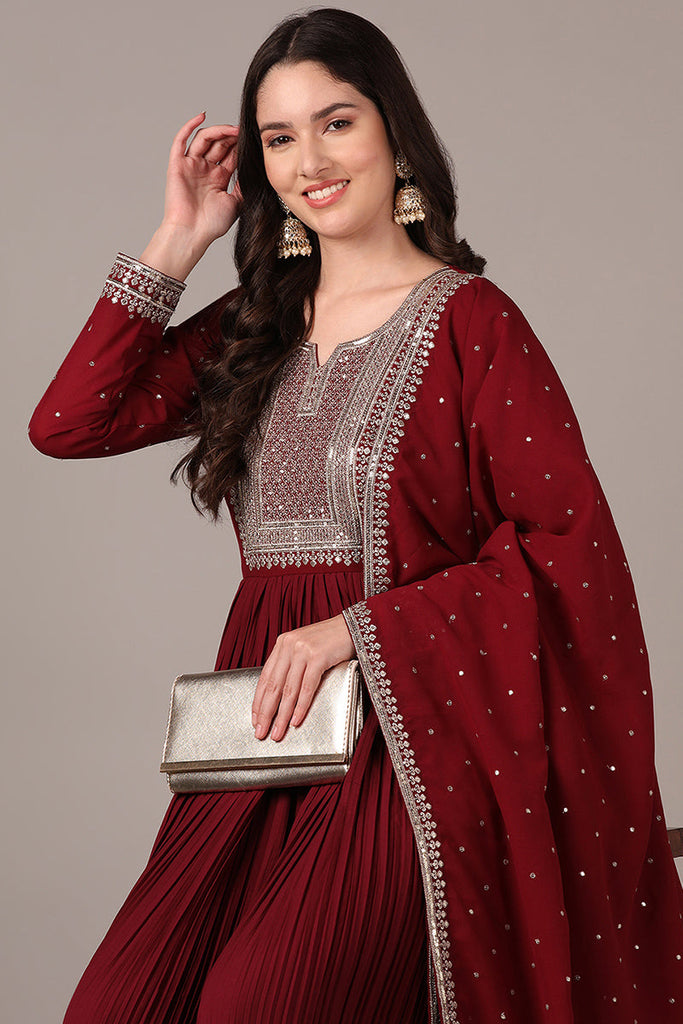 Magenta Georgette Solid Yoke Design Sequined Anarkali Kurta dupatta Set VKSET1480