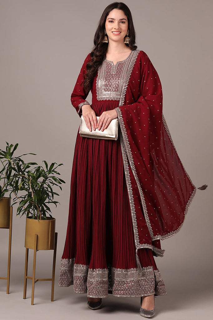 Magenta Georgette Solid Yoke Design Sequined Anarkali Kurta dupatta Set VKSET1480