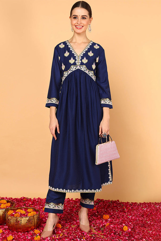 Navy Blue Silk Blend Solid Embroidered Flared Kurta Set VKSET1483