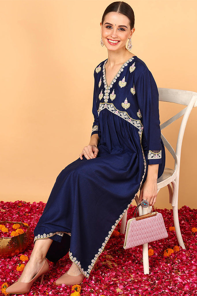 Navy Blue Silk Blend Solid Embroidered Flared Kurta Set VKSET1483