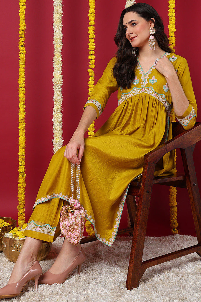 Yellow Silk Blend Solid Embroidered Flared Kurta Set VKSET1484