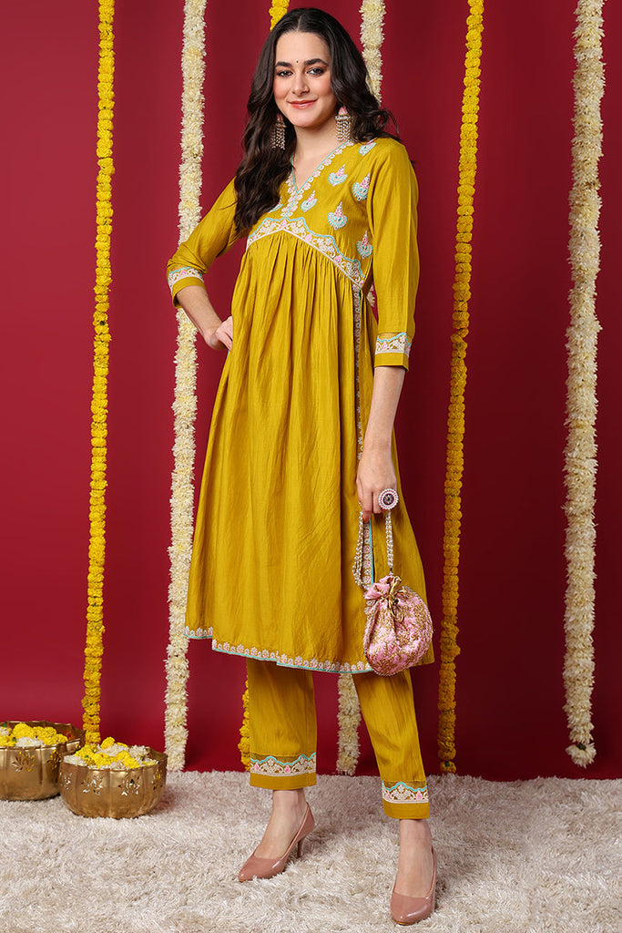 Yellow Silk Blend Solid Embroidered Flared Kurta Set VKSET1484