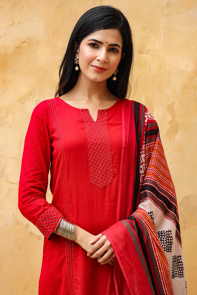   Red Color Cotton Fabric Printed Fancy Kurta And Palazzo Dupatta Set