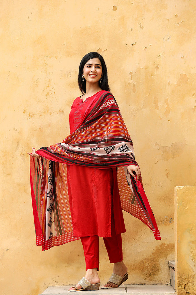   Red Color Cotton Fabric Printed Fancy Kurta And Palazzo Dupatta Set