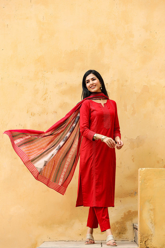   Red Color Cotton Fabric Printed Fancy Kurta And Palazzo Dupatta Set