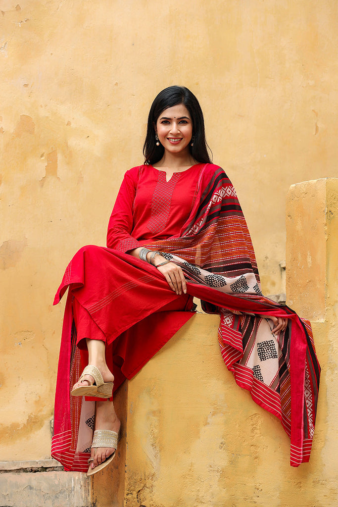   Red Color Cotton Fabric Printed Fancy Kurta And Palazzo Dupatta Set