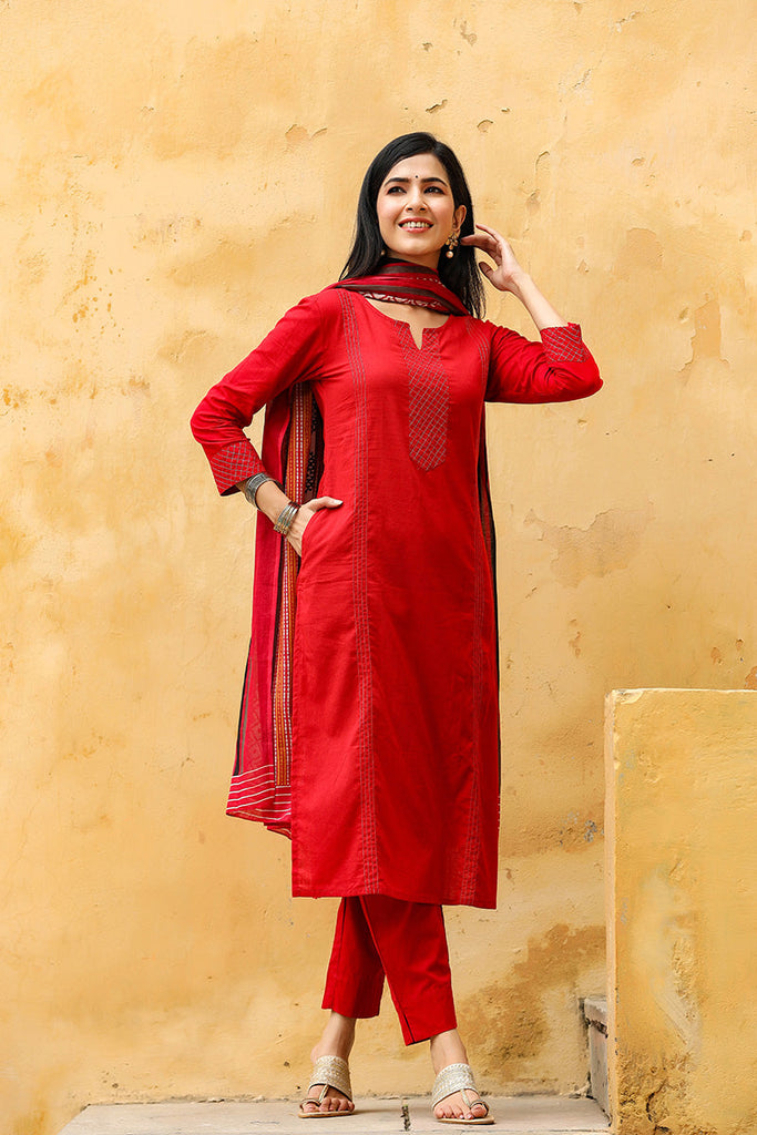   Red Color Cotton Fabric Printed Fancy Kurta And Palazzo Dupatta Set