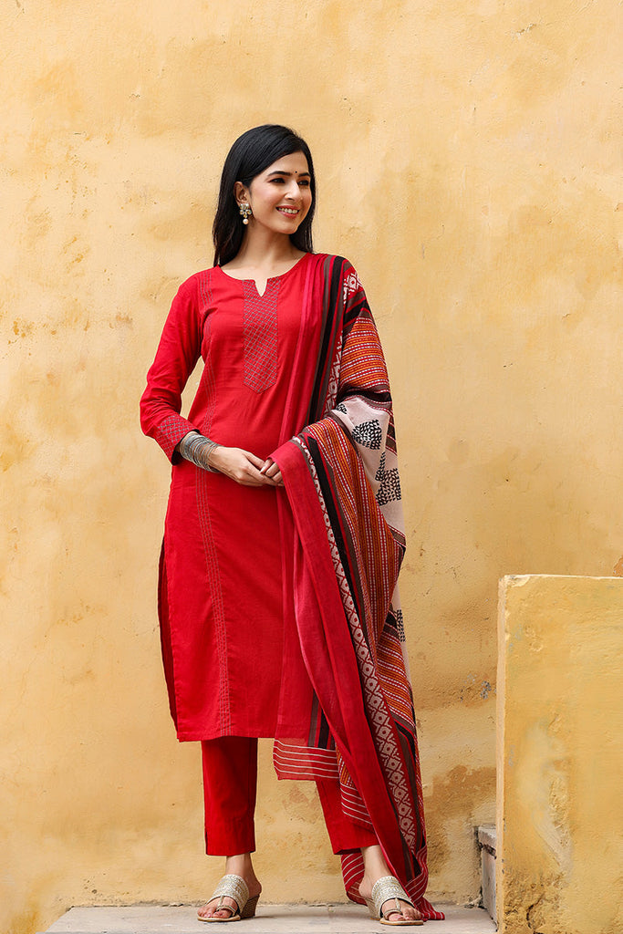   Red Color Cotton Fabric Printed Fancy Kurta And Palazzo Dupatta Set