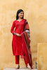   Red Color Cotton Fabric Printed Fancy Kurta And Palazzo Dupatta Set