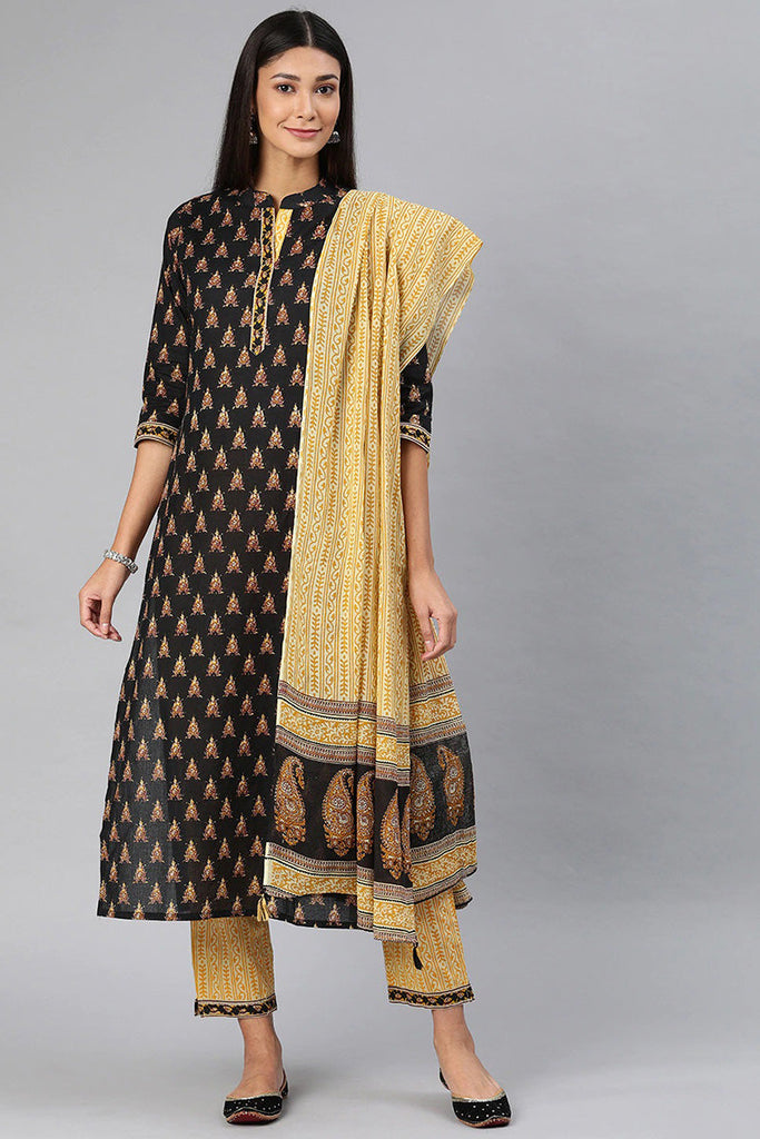 Black Printed Straight Kurta Trousers and Dupatta Set -  VKSKD1018B