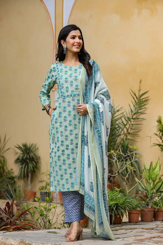  Women Cotton Green Ethnic Motifs Printed Straight Kurta Palazzo Dupatta Set