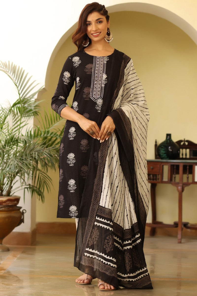 Black & White Printed Kurta with Trousers & Dupatta