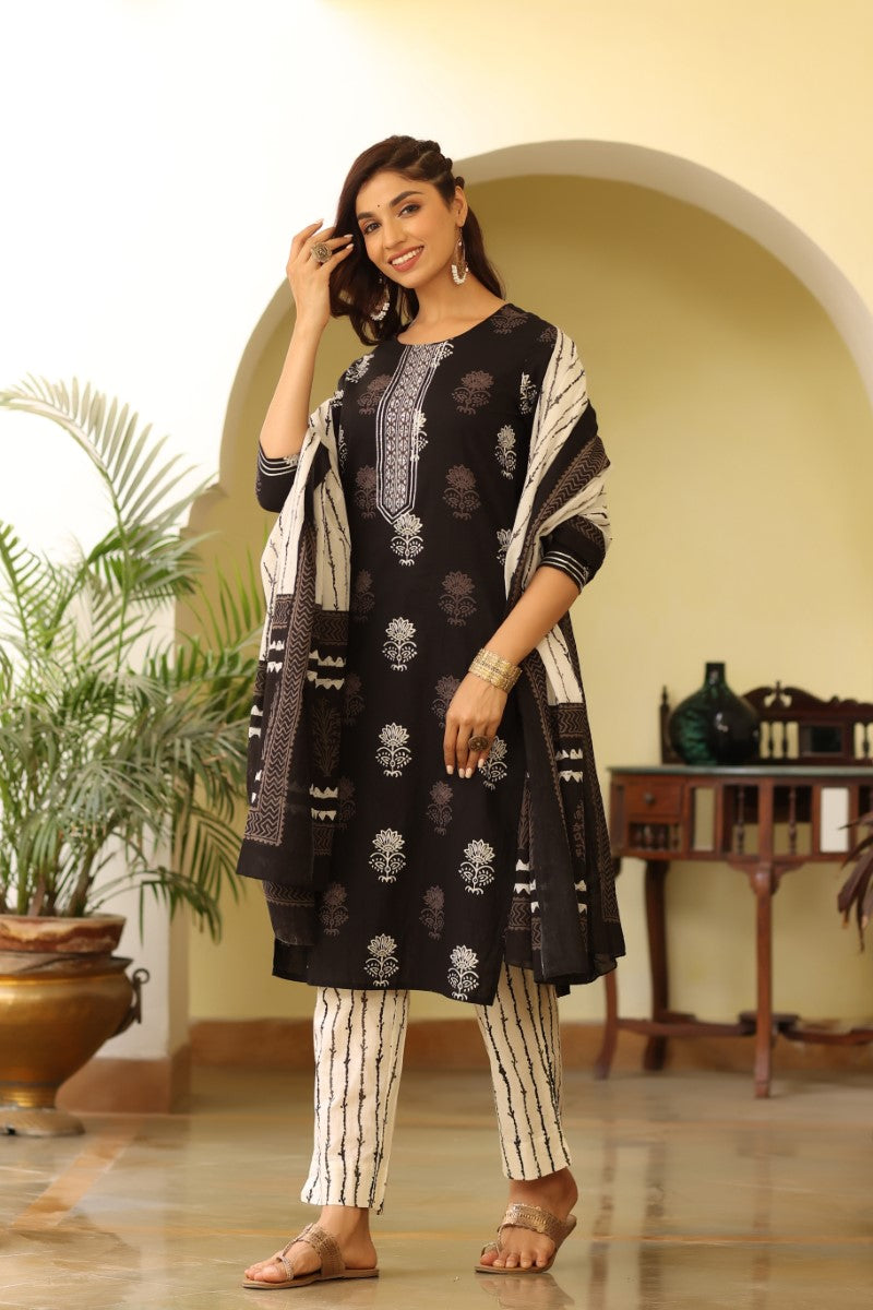 Black & White Printed Kurta with Trousers & Dupatta