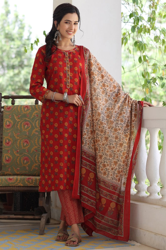  Women Maroon Brown Printed Kurta with Trousers Dupatta