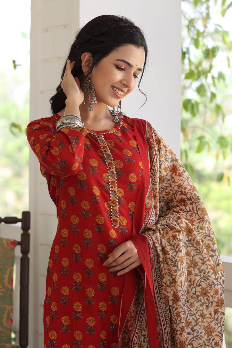  Women Maroon Brown Printed Kurta with Trousers Dupatta