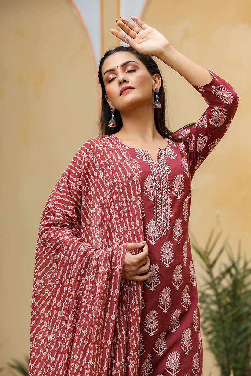   Maroon White Cotton Fabric Printed Fancy Kurta And Palazzo