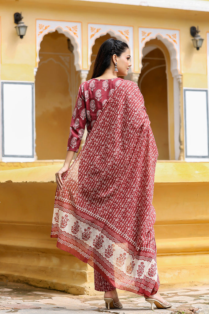   Maroon White Cotton Fabric Printed Fancy Kurta And Palazzo