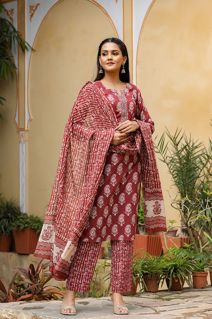   Maroon White Cotton Fabric Printed Fancy Kurta And Palazzo