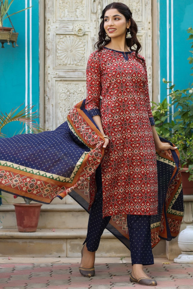   Blue And Red Color Cotton Fabric Printed Fancy Kurta And Palazzo Dupatta Set