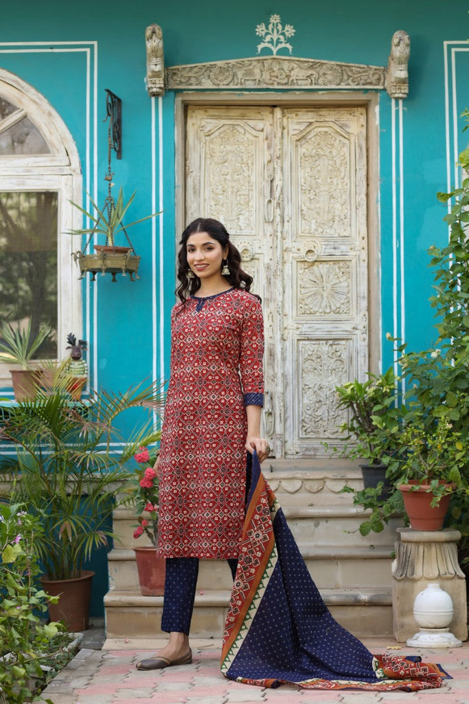   Blue And Red Color Cotton Fabric Printed Fancy Kurta And Palazzo Dupatta Set