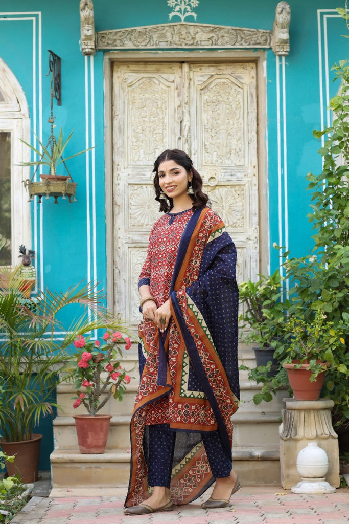   Blue And Red Color Cotton Fabric Printed Fancy Kurta And Palazzo Dupatta Set