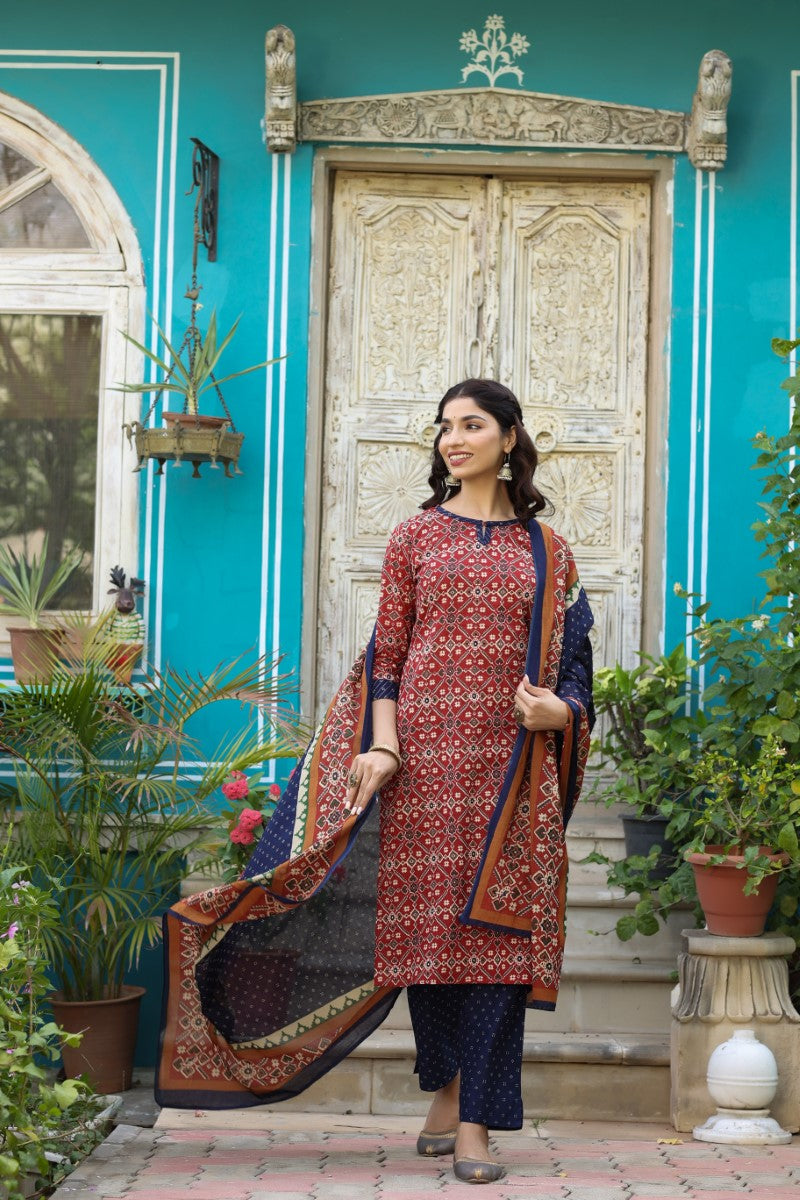   Blue And Red Color Cotton Fabric Printed Fancy Kurta And Palazzo Dupatta Set