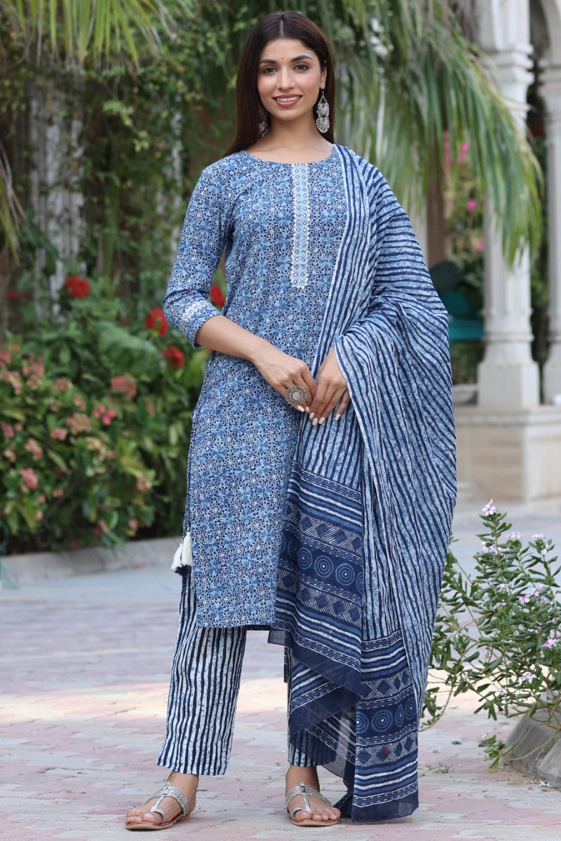   Blue & White Cotton Fabric Printed Fancy Kurta And Palazzo