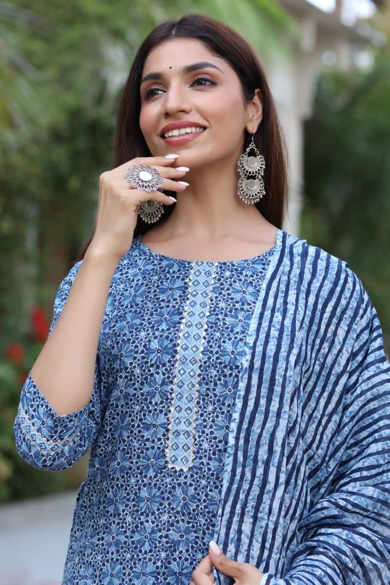   Blue & White Cotton Fabric Printed Fancy Kurta And Palazzo