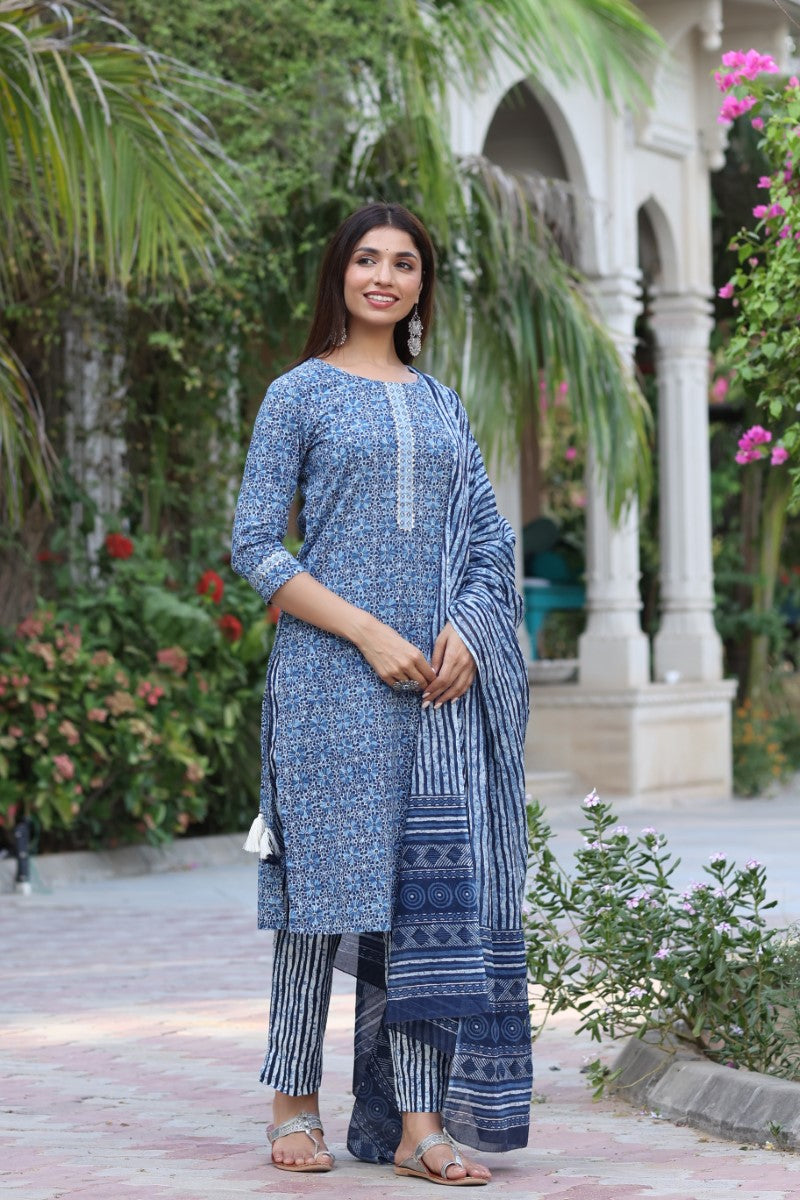   Blue & White Cotton Fabric Printed Fancy Kurta And Palazzo