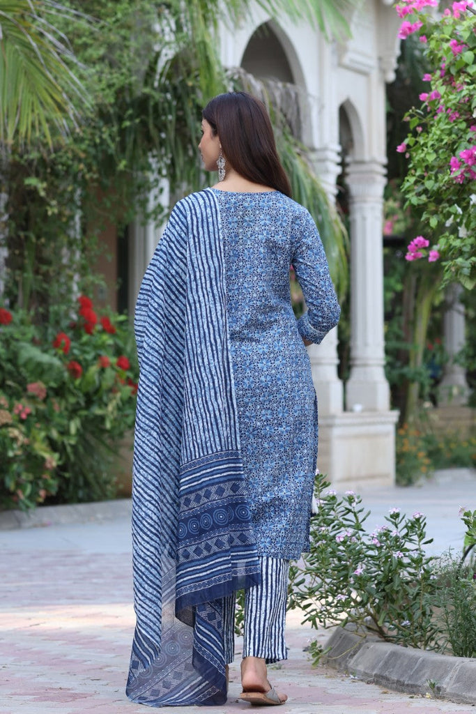   Blue & White Cotton Fabric Printed Fancy Kurta And Palazzo