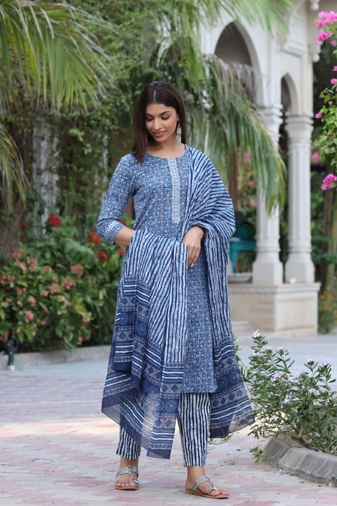   Blue & White Cotton Fabric Printed Fancy Kurta And Palazzo