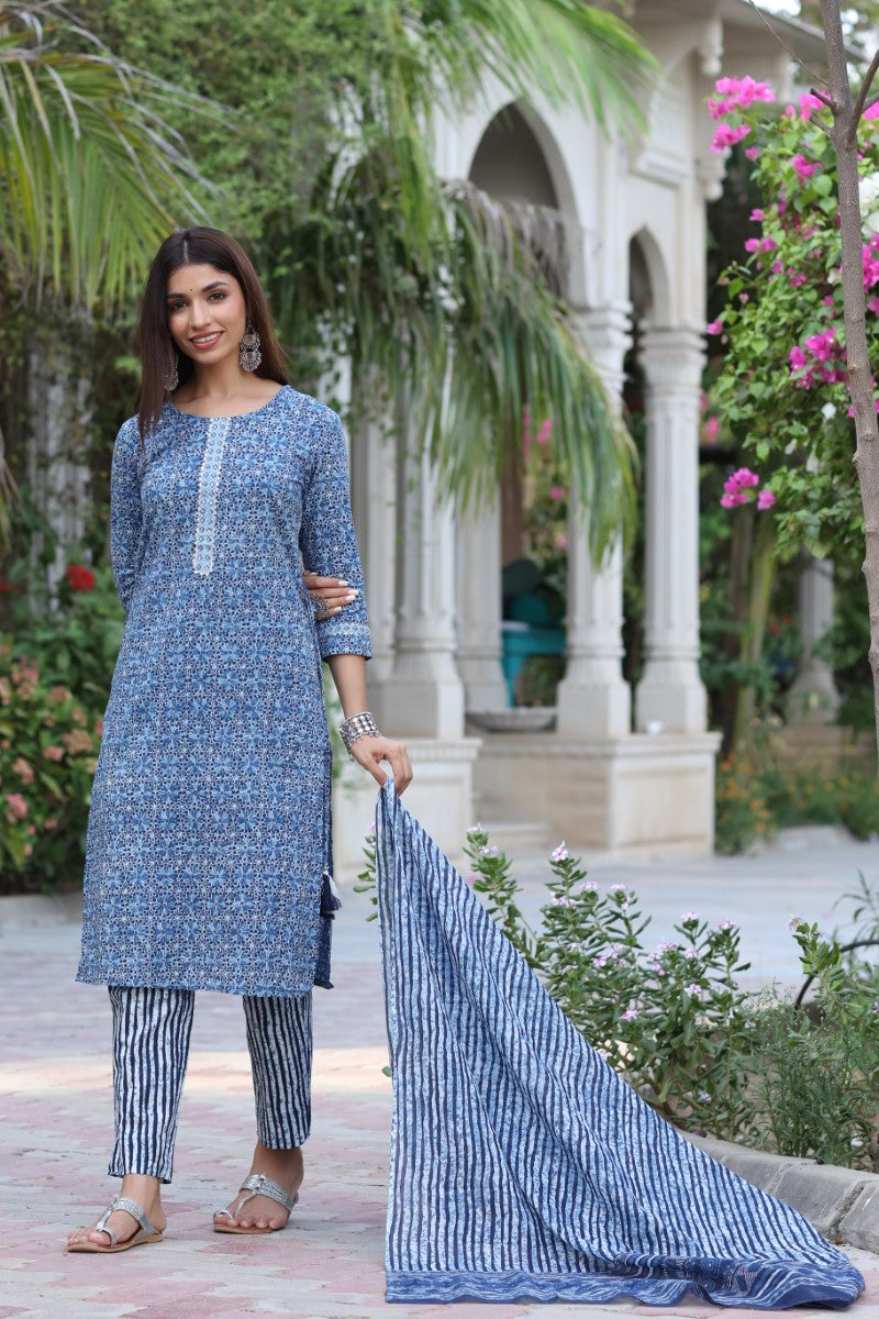   Blue & White Cotton Fabric Printed Fancy Kurta And Palazzo