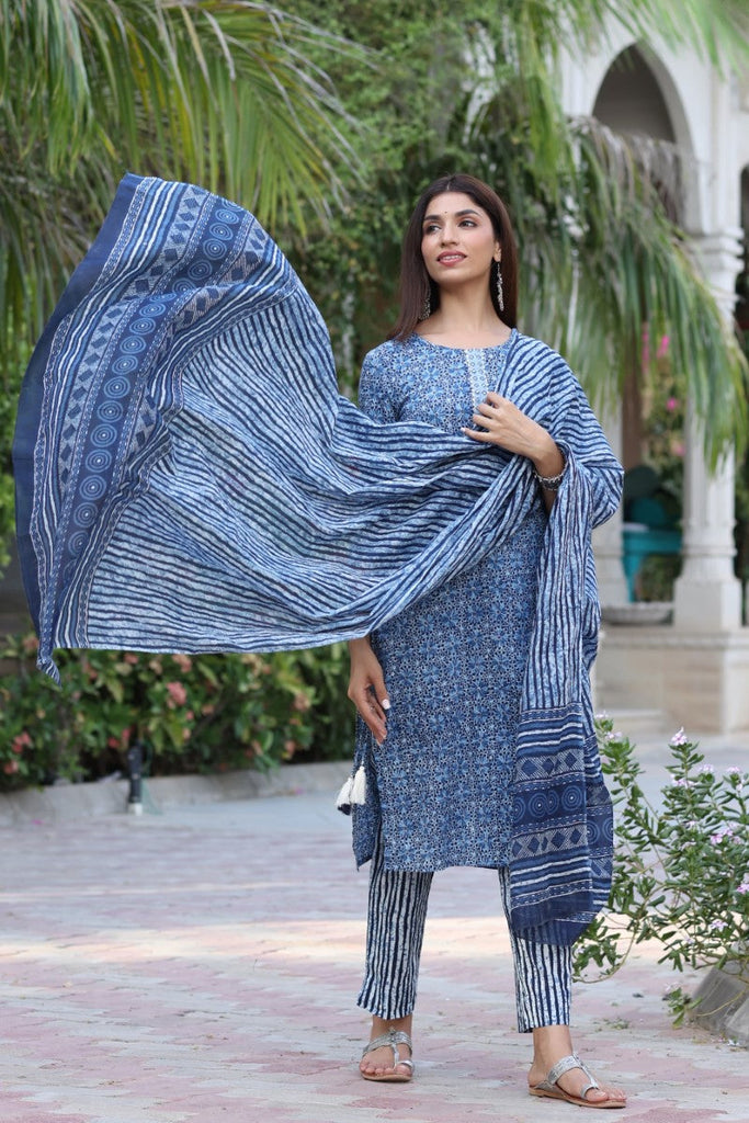   Blue & White Cotton Fabric Printed Fancy Kurta And Palazzo