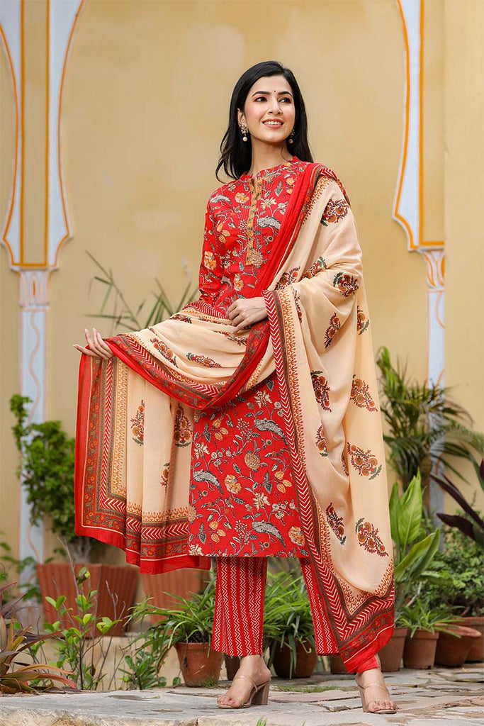   Cotton Red Ethnic Motifs Printed Straight Kurta Palazzo Dupatta Set