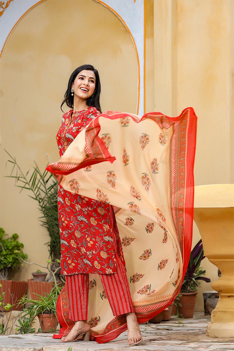   Cotton Red Ethnic Motifs Printed Straight Kurta Palazzo Dupatta Set