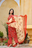   Cotton Red Ethnic Motifs Printed Straight Kurta Palazzo Dupatta Set