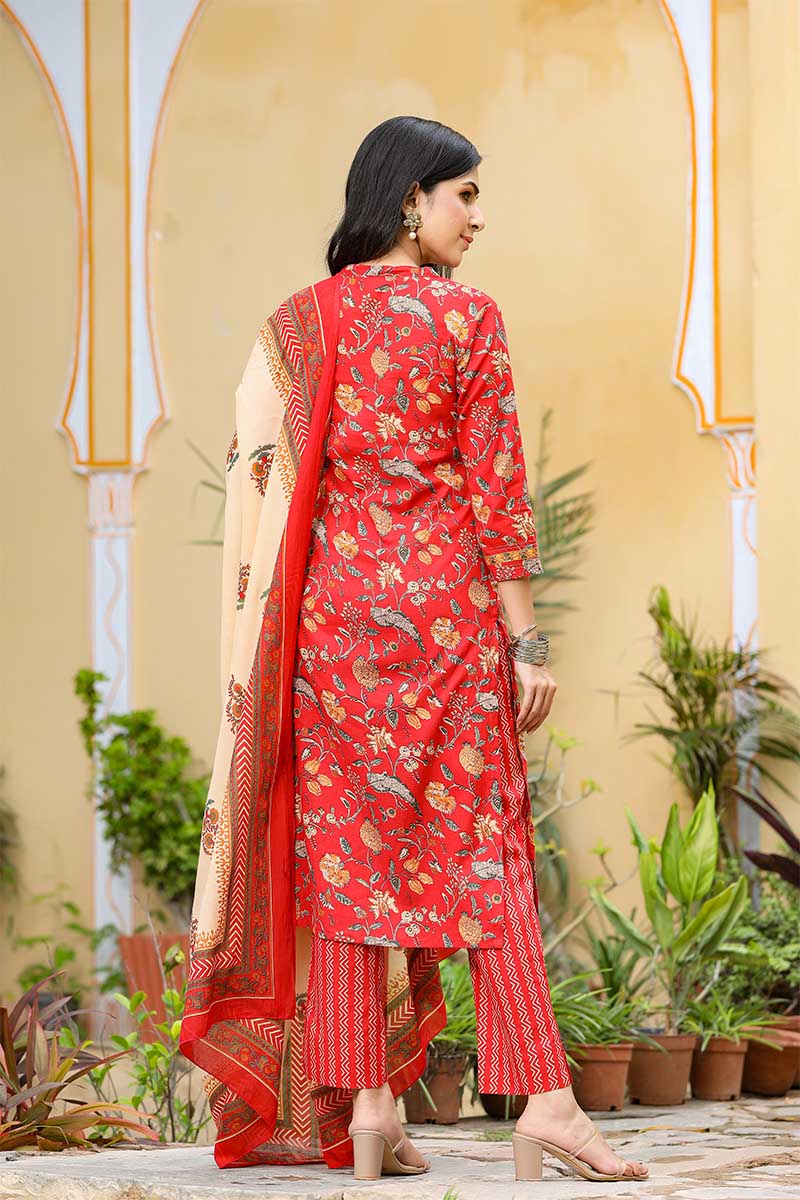   Cotton Red Ethnic Motifs Printed Straight Kurta Palazzo Dupatta Set