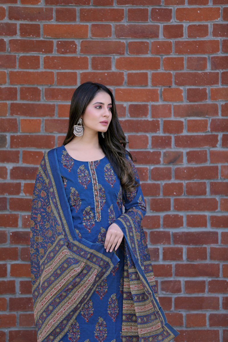   Blue Color Cotton Fabric Printed Fancy Kurta And Palazzo Dupatta Set