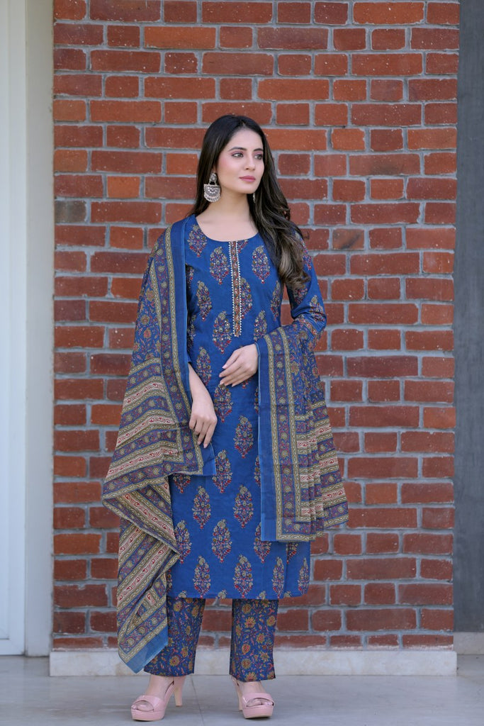   Blue Color Cotton Fabric Printed Fancy Kurta And Palazzo Dupatta Set