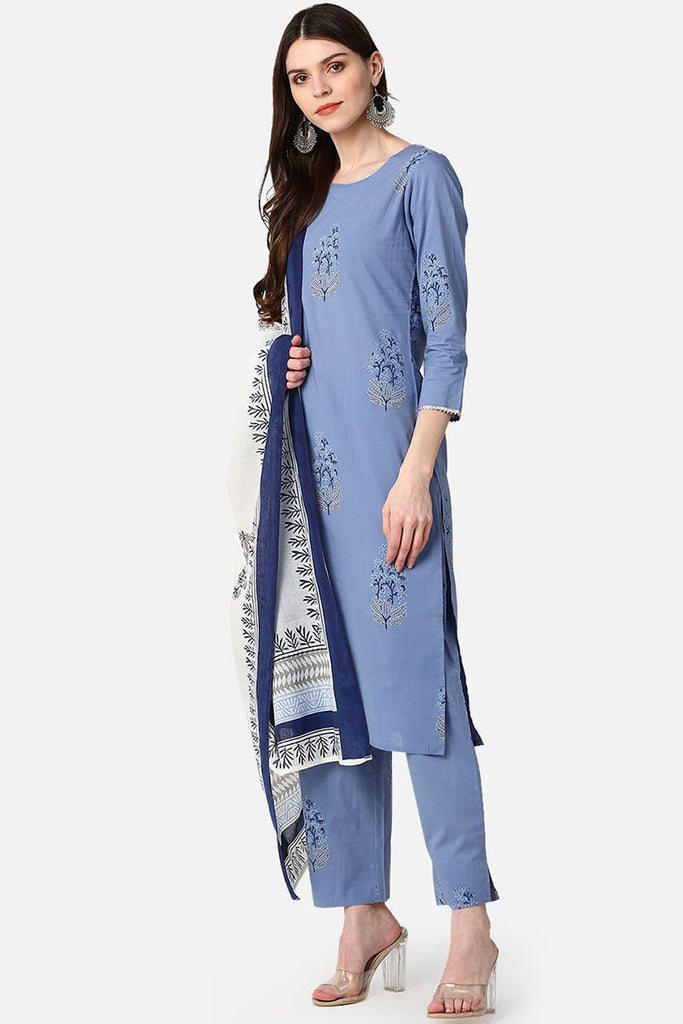 Women Cotton Blue Ethnic Motifs Printed Straight Kurta Palazzo Dupatta Set VKSKD1059