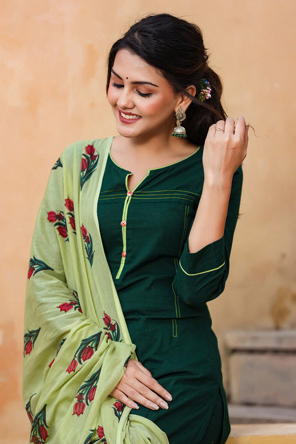  Women Green Regular Pure Cotton Kurta with Trousers With Dupatta Set