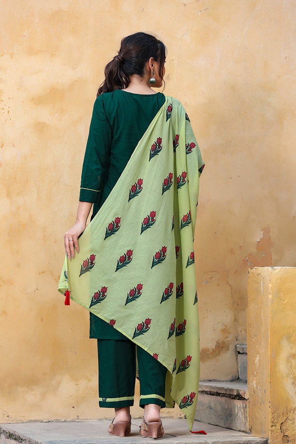  Women Green Regular Pure Cotton Kurta with Trousers With Dupatta Set