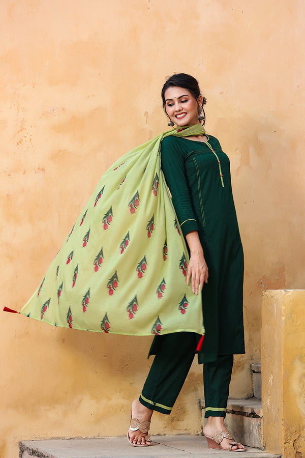 Women Green Regular Pure Cotton Kurta with Trousers With Dupatta Set