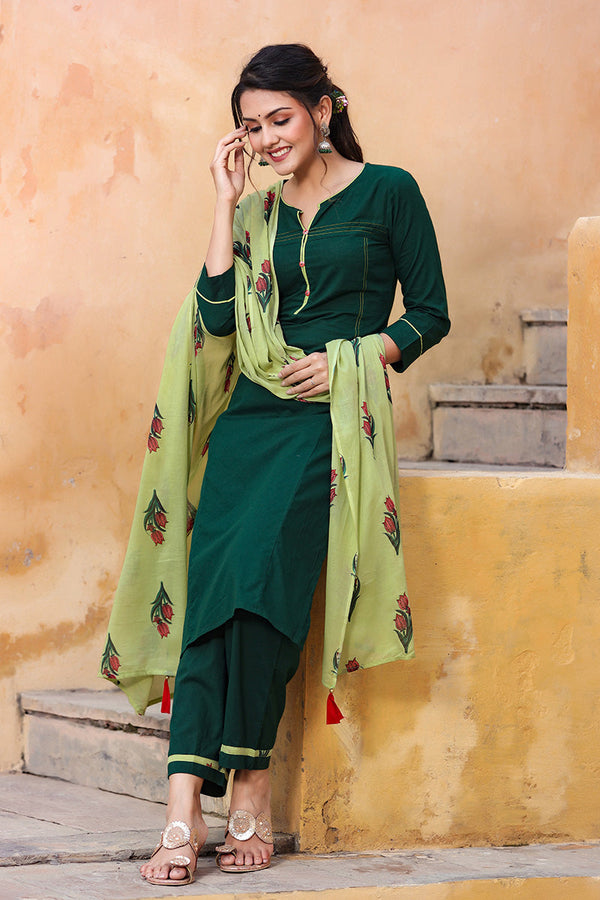  Women Green Regular Pure Cotton Kurta with Trousers With Dupatta Set