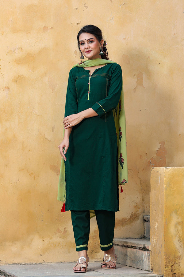  Women Green Regular Pure Cotton Kurta with Trousers With Dupatta Set